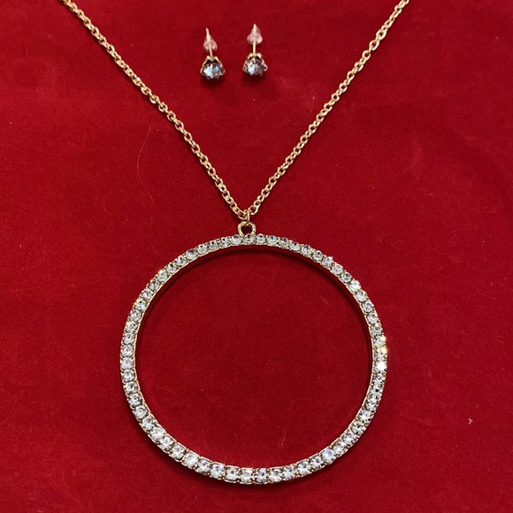 Circle Of Life Necklace Earrings Set Gold Tone Clear Sparkling Rhinestone - Picture 5 of 7